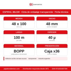 Ficha técnica cinta de embalaje SonFuertes Espiral 48x100: 48 mm de ancho, 100 m por rollo, 40 micrones, BOPP, caja x36, industr