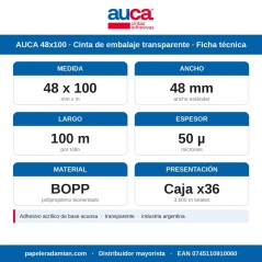 Ficha técnica cinta de embalaje AUCA transparente 48x100: 48 mm de ancho, 100 m por rollo, BOPP, adhesivo acrílico, caja x36, in