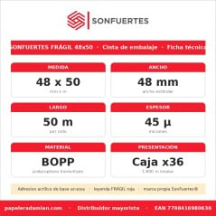 Ficha técnica de la cinta Frágil SonFuertes 48x50: BOPP, 45 µ, adhesivo acrílico, caja x36.