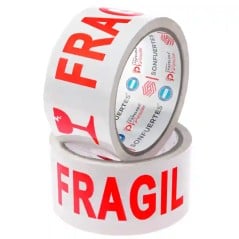 Cinta de embalaje Frágil SonFuertes 48x50, rollos blancos con leyenda FRÁGIL roja.