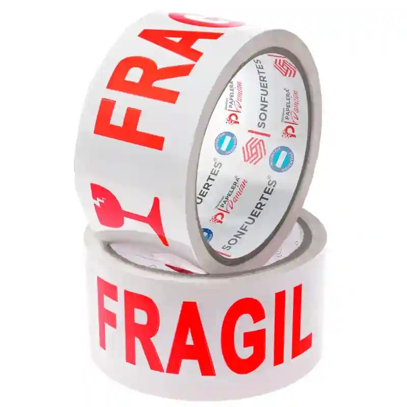 Cinta de embalaje Frágil SonFuertes 48x50, rollos blancos con leyenda FRÁGIL roja.