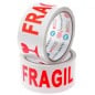 Cinta de embalaje Frágil SonFuertes 48x50, rollos blancos con leyenda FRÁGIL roja.