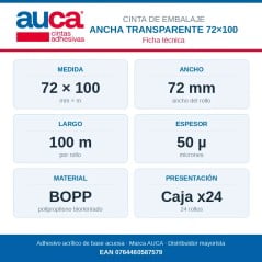 Ficha técnica de la cinta ancha AUCA 72 mm x 100 m, caja x24: BOPP, 50 µ, 24 rollos.