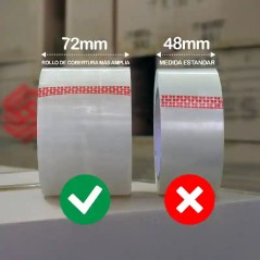 Comparación de ancho: cinta de 72 mm cubre más que la estándar de 48 mm.