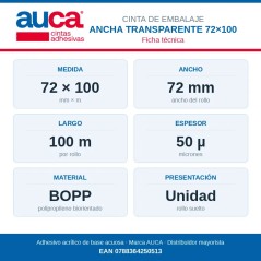 Ficha técnica de la cinta ancha AUCA 72 mm x 100 m, unidad: BOPP, 50 µ, 100 m.