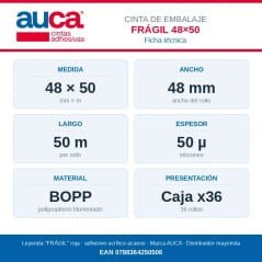 Cinta de embalaje Frágil AUCA 48 mm x 50 m - Caja x36