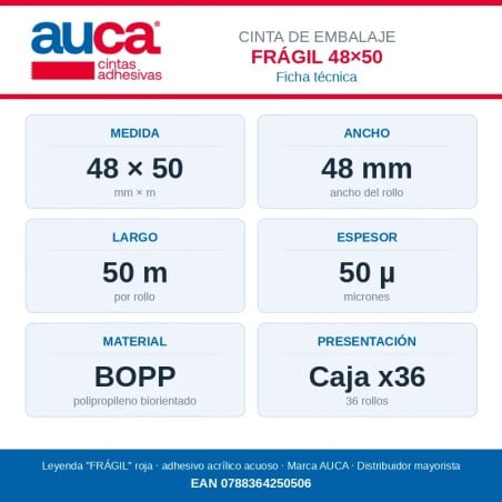 Cinta de embalaje Frágil AUCA 48 mm x 50 m - Caja x36