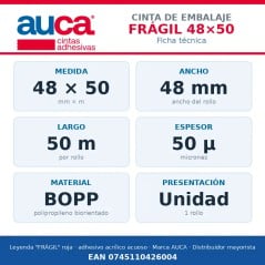 Ficha técnica de la cinta FRÁGIL AUCA 48 mm x 50 m: BOPP, 50 µ, adhesivo acuoso, presentación por unidad