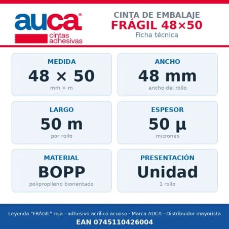 Cinta de embalaje Frágil AUCA 48 mm x 50 m - Unidad