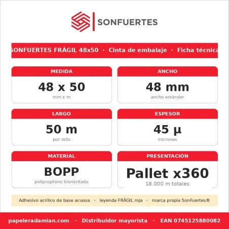 Cinta de embalaje Frágil SonFuertes 48 mm x 50 m - Pallet x360