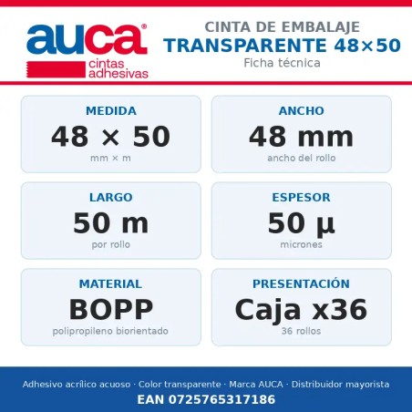 Cinta de embalaje AUCA transparente 48 mm x 50 m - Caja x36