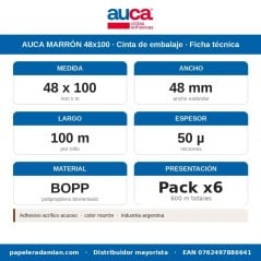 Ficha técnica de la cinta marrón AUCAPACK 48 mm x 100 m: BOPP, 50 µ, adhesivo acuoso, pack x6
