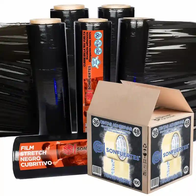 Kit MercadoLibre: caja x36 de cinta de embalaje transparente 48x100 y 6 rollos de film stretch negro SonFuertes Kit MercadoLibre: caja x36 de cinta de embalaje transparente 48x100 y 6 rollos de film stretch negro SonFuertes