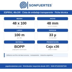 Ficha técnica de la cinta de embalaje transparente SonFuertes Espiral 48x100: 48 mm, 100 m, BOPP, caja x36
