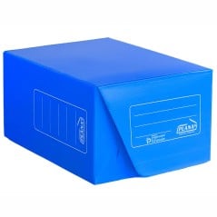 Caja de archivo plástica Oficio Plana 716 azul de 18 cm sobre fondo blanco, distribuidor Papelera Damián
