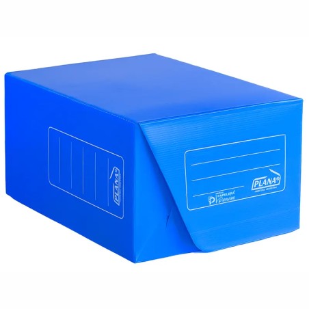 Caja de archivo plástica Oficio Plana 716 azul de 18 cm sobre fondo blanco, distribuidor Papelera Damián