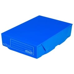 Caja de archivo plástica Oficio Plana 709 azul de 9 cm sobre fondo blanco, distribuidor Papelera Damián