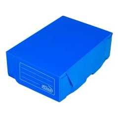 Caja de archivo Legajo Plana 703 azul cerrada con tapa volcada — Papelera Damián, distribuidor oficial Plana.