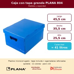Infografía de medidas de la caja grande Plana 804: 45,5 × 35,5 × 25,5 cm, ~41 litros, plástico microcorrugado con tapa y agarrad