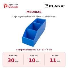 Infografía de medidas: caja organizadora Nº4 Plana 30x10x11 cm con 3 compartimientos de 5,5, 13 y 9 cm