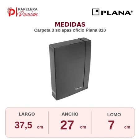 Carpeta 3 Solapas Oficio con Elástico Plana 810 — Lomo 7 cm, Plástica Tipo Caja (Negra)