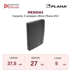 Medidas carpeta 3 solapas oficio Plana 812: largo 37,5 cm, ancho 27 cm, lomo 5 cm