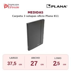 Medidas carpeta 3 solapas oficio Plana 811: largo 37,5 cm, ancho 27 cm, lomo 2,5 cm