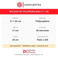 Especificaciones de la bolsa de polipropileno 17x25: 30 micrones, sin adhesivo, termosellable, pack x100