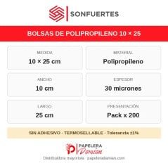 Especificaciones de la bolsa de polipropileno 10x25: 30 micrones, sin adhesivo, termosellable, pack x200