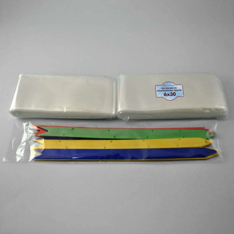 Bolsas de polipropileno 6x30 transparentes SonFuertes en pack de 100 unidades, con moños mágicos envasados — Papelera Damián