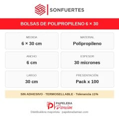 Especificaciones de la bolsa de polipropileno 6x30: 30 micrones, sin adhesivo, termosellable, pack x100