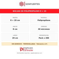 Infografía de la bolsa de polipropileno 8x20: medida, material, espesor de 30 micrones y pack de 200 unidades
