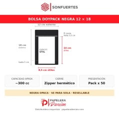 Infografía de la bolsa doypack negra 12x18: medida externa 12 × 18 cm, espacio útil 8,5 × 14 cm, fuelle de base 5 cm y capacidad