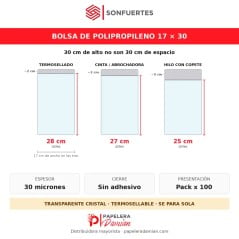 Diagrama del alto útil de la bolsa de polipropileno 17x30: 28 cm con termosellado, 27 con cinta y 25 atada con hilo