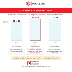Comparativa a escala de las bolsas de polipropileno 15x25, 15x30 y 17x30 con su alto útil termosellando