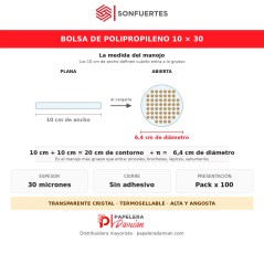 Diagrama de la bolsa de polipropileno 10x30: 10 cm planos dan 20 cm de contorno y un manojo de 6,4 cm de diametro
