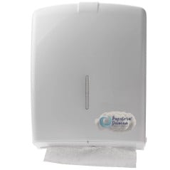 Dispenser de toallas intercaladas plástico blanco, de pared, con toalla asomando.