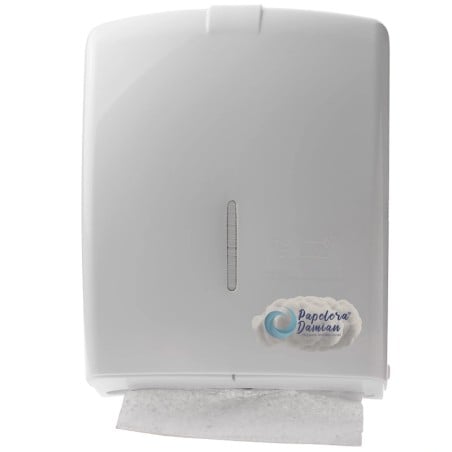 Dispenser de toallas intercaladas plástico blanco, de pared, con toalla asomando.