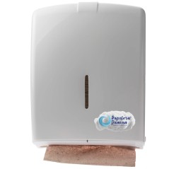 El mismo dispenser cargado con toalla intercalada beige: acepta toda la línea.