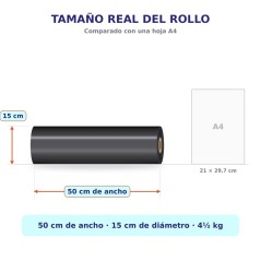 Medidas del rollo: 50 cm de ancho por 15 cm de diámetro, junto a una hoja A4