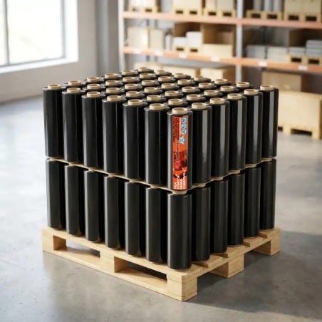 Palet de 80 rollos de film stretch negro cubritivo 50 cm SonFuertes, en dos capas de 40