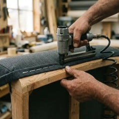 Tapicero engrampando tela sobre bastidor con engrampadora de línea 84