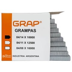 Caja abierta de grampas 84/14 mostrando los peines de acero plateado