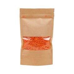 Bolsa doypack kraft 12x18 cm con ventana transparente y cierre hermético, vista de frente