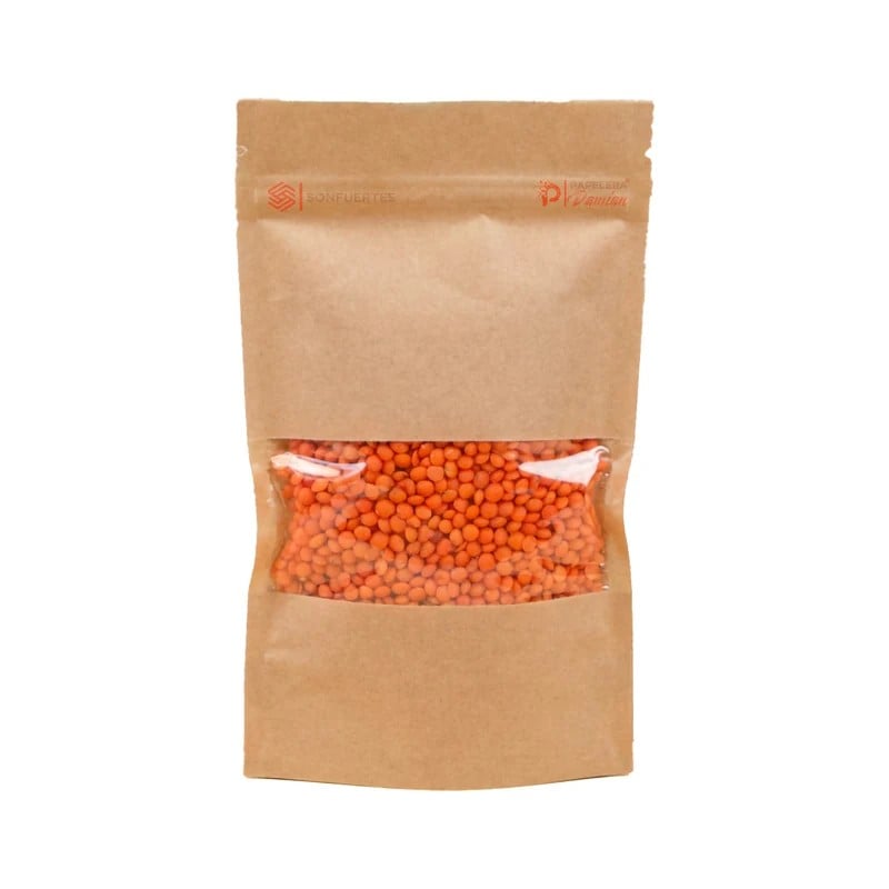 Bolsa doypack kraft 12x18 cm con ventana transparente y cierre hermético, vista de frente Bolsa doypack kraft 12x18 cm con ventana transparente y cierre hermético, vista de frente