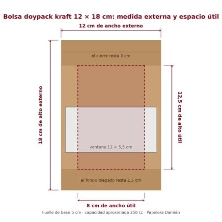 Bolsas Stand Up Kraft con ventana 12x18 cm Cierre Hermetico Pack 50