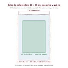 Diagrama de la bolsa de polipropileno 20x30 cm: una hoja A4 no entra por 1 cm de ancho y un A5 entra con margen