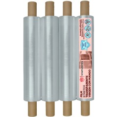 Cuatro rollos de film stretch con mango parados, con el tubo de cartón sobresaliendo de cada lado