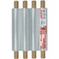 Cuatro rollos de film stretch con mango parados, con el tubo de cartón sobresaliendo de cada lado