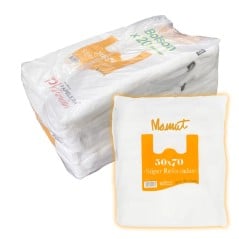 Bulto cerrado de 20 paquetes de bolsa camiseta 50x70 cm Mamut, con un paquete al frente